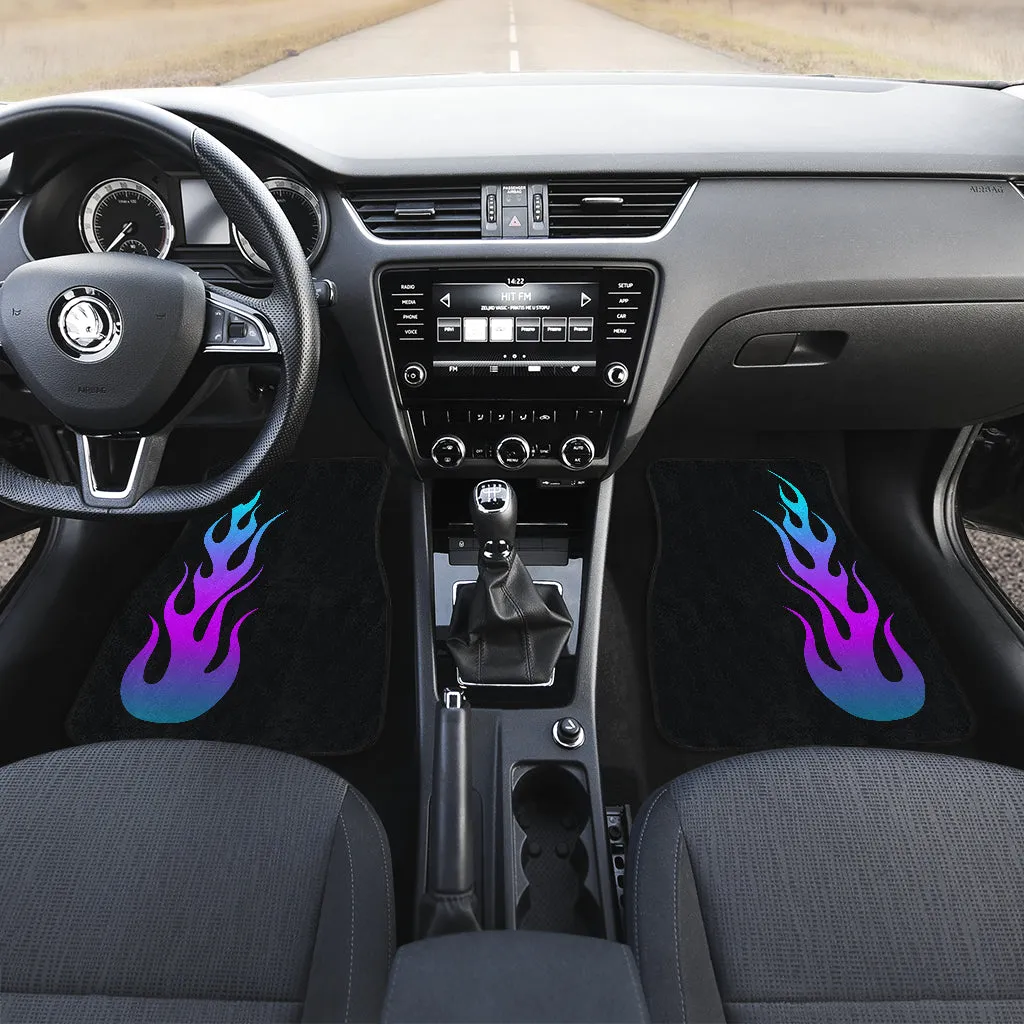 Flames in Turquoise and Purple Ombre on Black Floor Mats Set of 4
