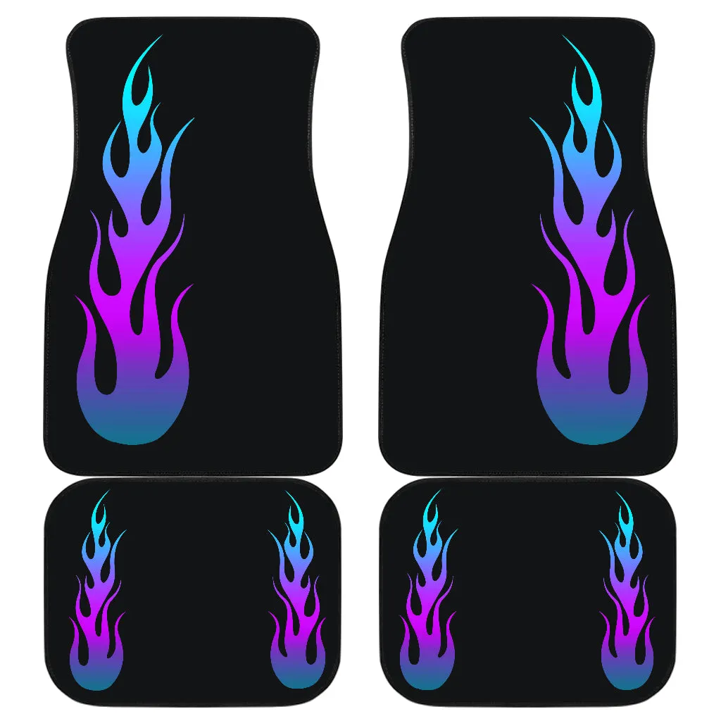 Flames in Turquoise and Purple Ombre on Black Floor Mats Set of 4