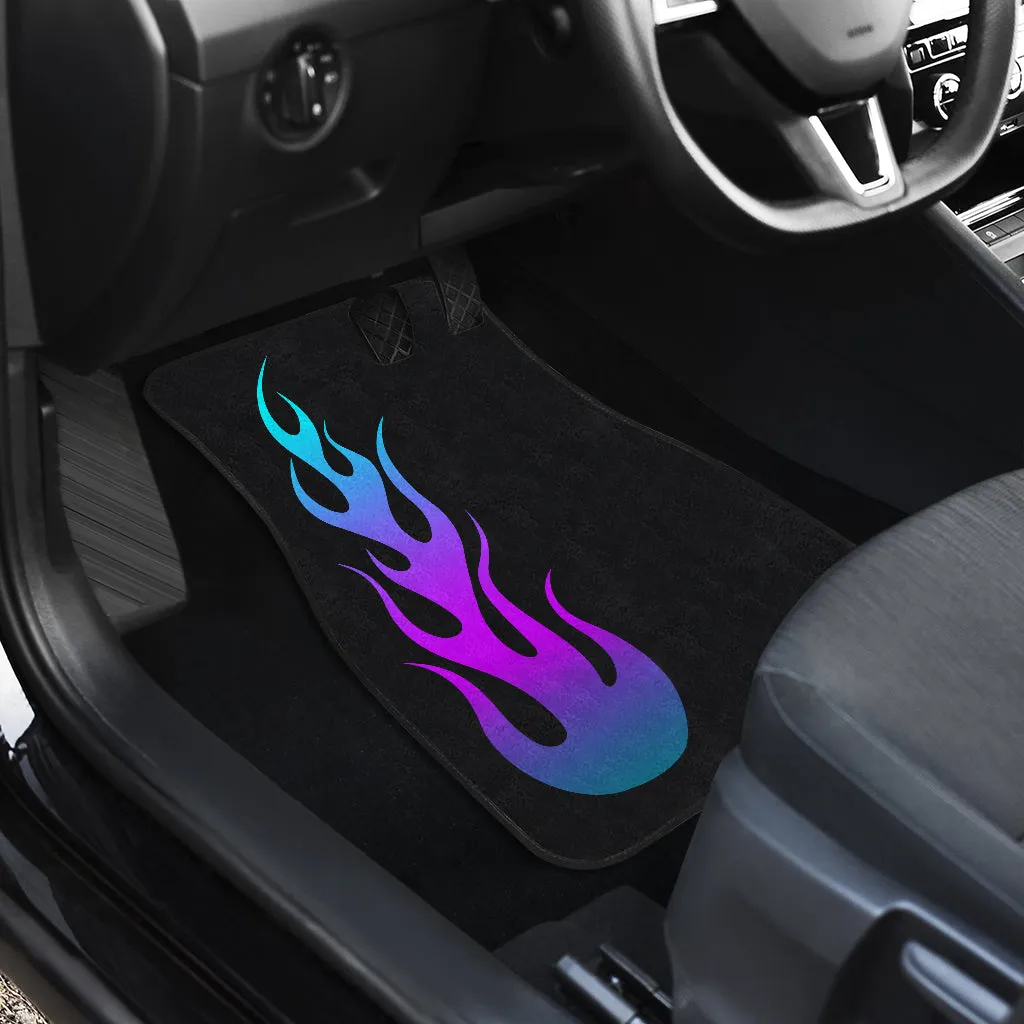 Flames in Turquoise and Purple Ombre on Black Floor Mats Set of 4