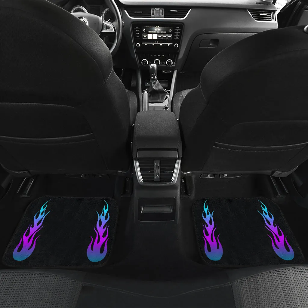Flames in Turquoise and Purple Ombre on Black Floor Mats Set of 4