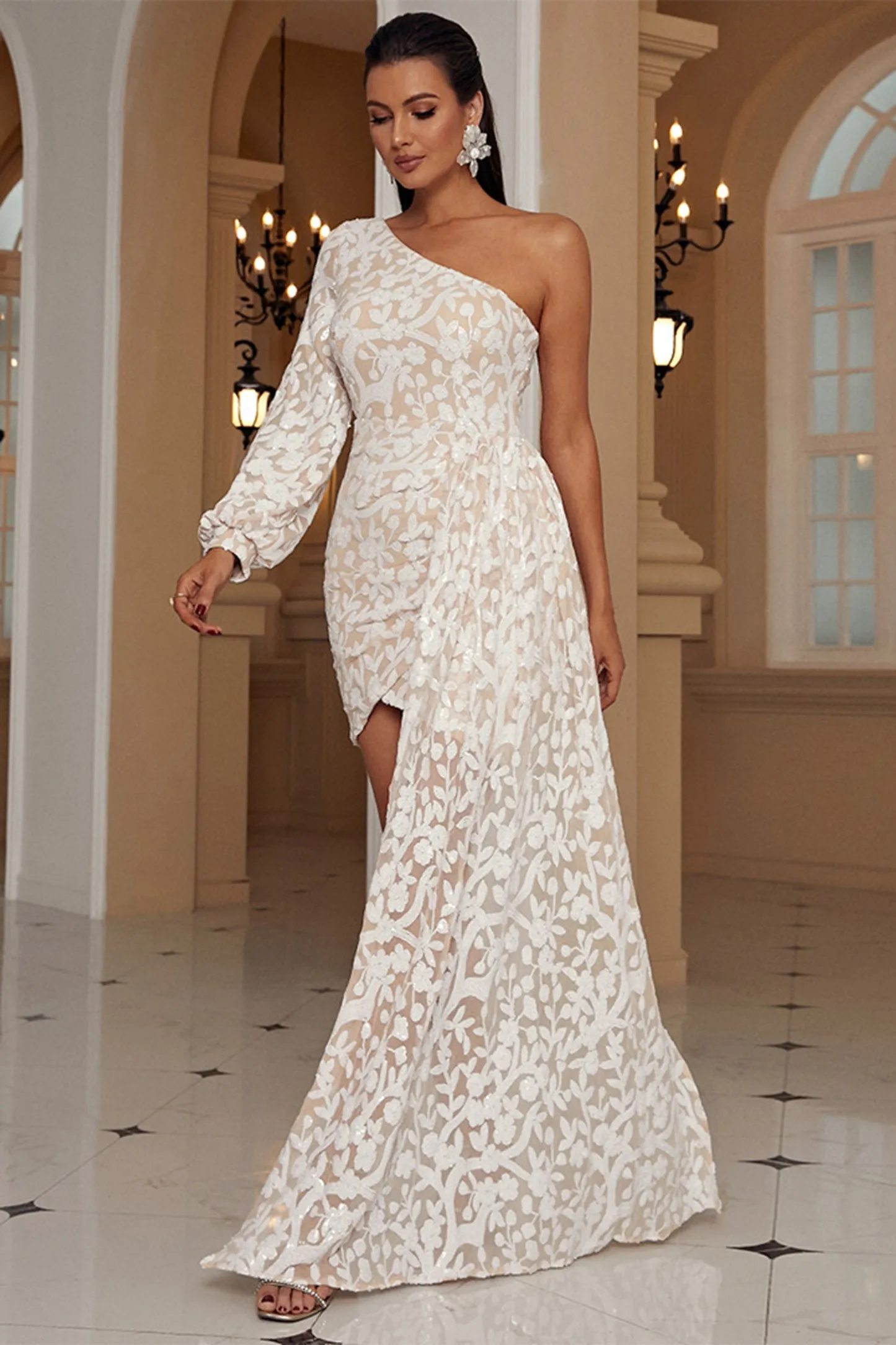 Floral Sequin Draped Cocktail Dress