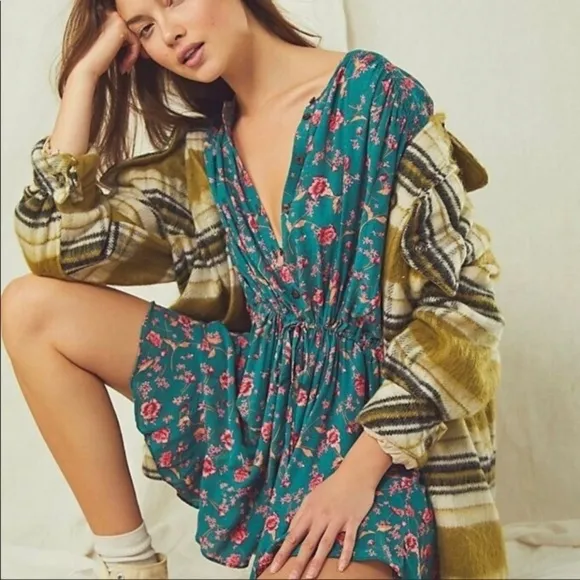 Free People Sz M Flower Fields Boho Cottage Drawstring Dress