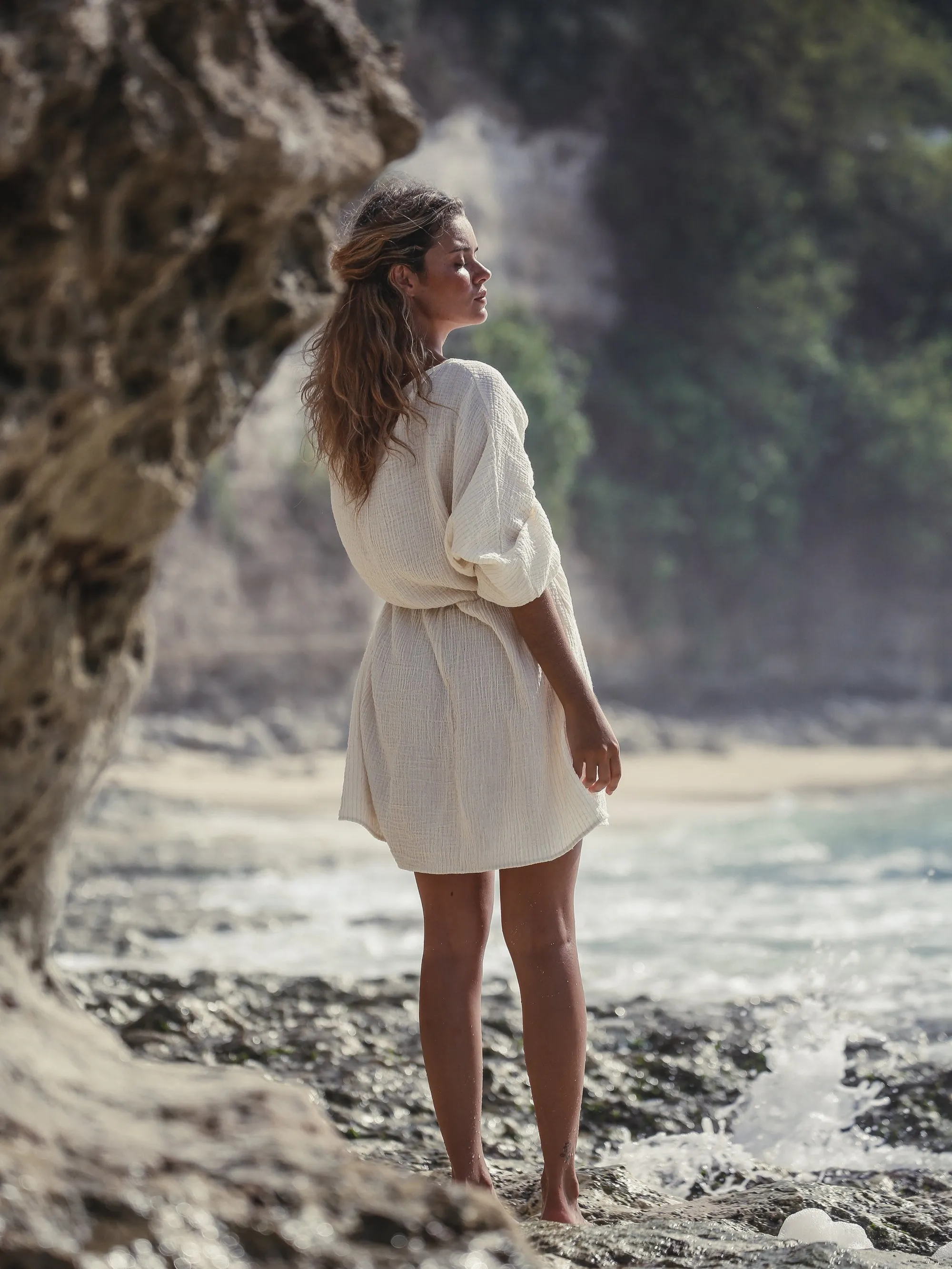 Gaia Drawstring Mini Dress - Natural With Gold Stripes