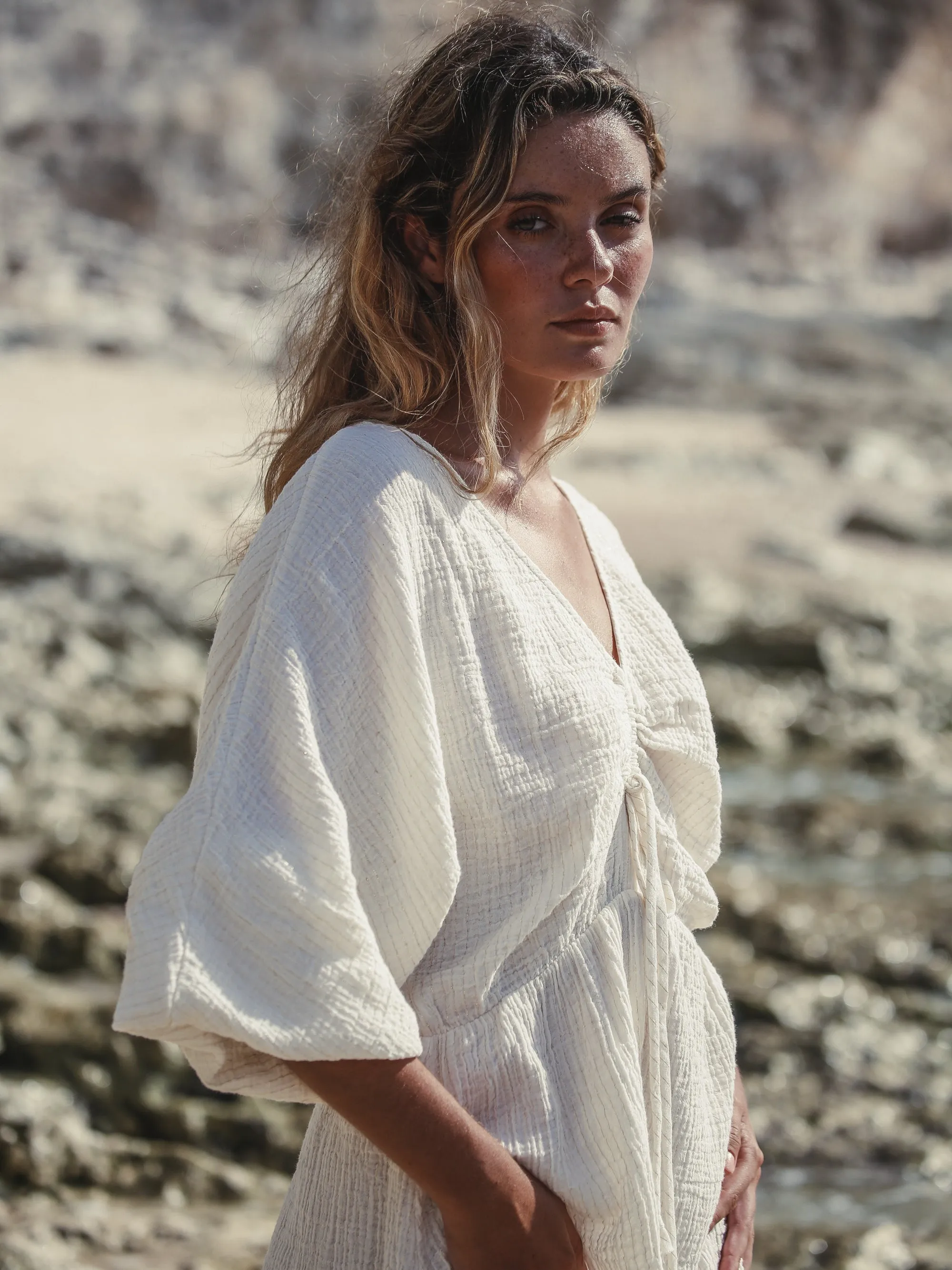 Gaia Drawstring Mini Dress - Natural With Gold Stripes