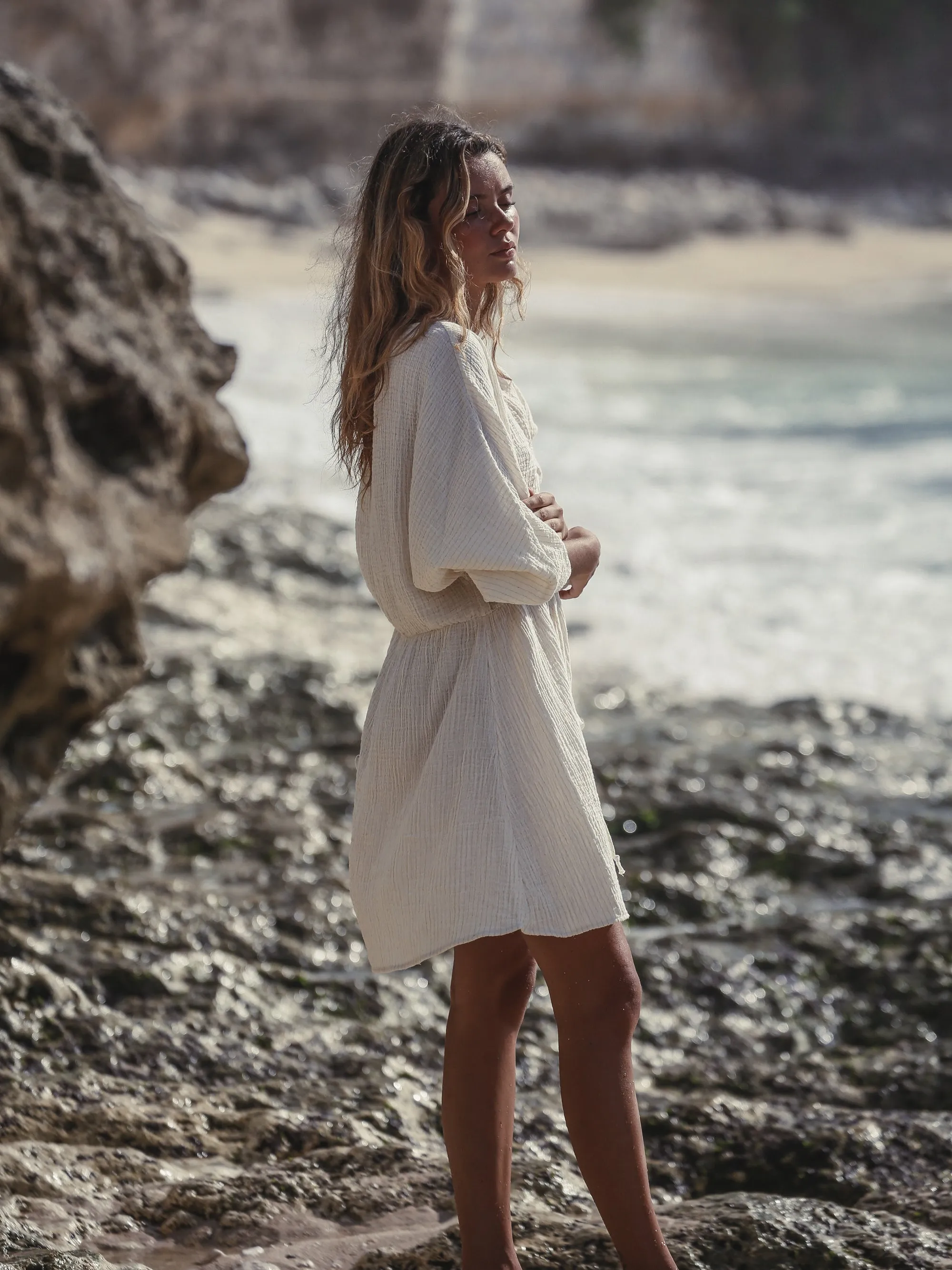 Gaia Drawstring Mini Dress - Natural With Gold Stripes
