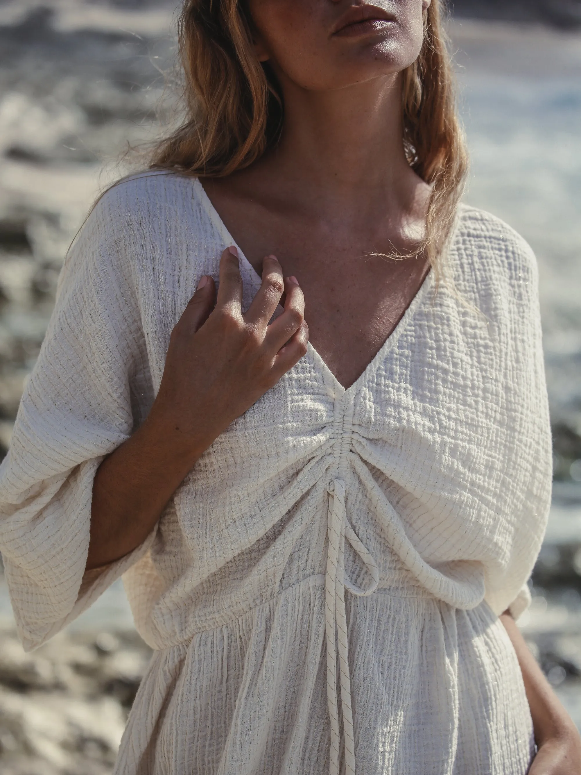 Gaia Drawstring Mini Dress - Natural With Gold Stripes