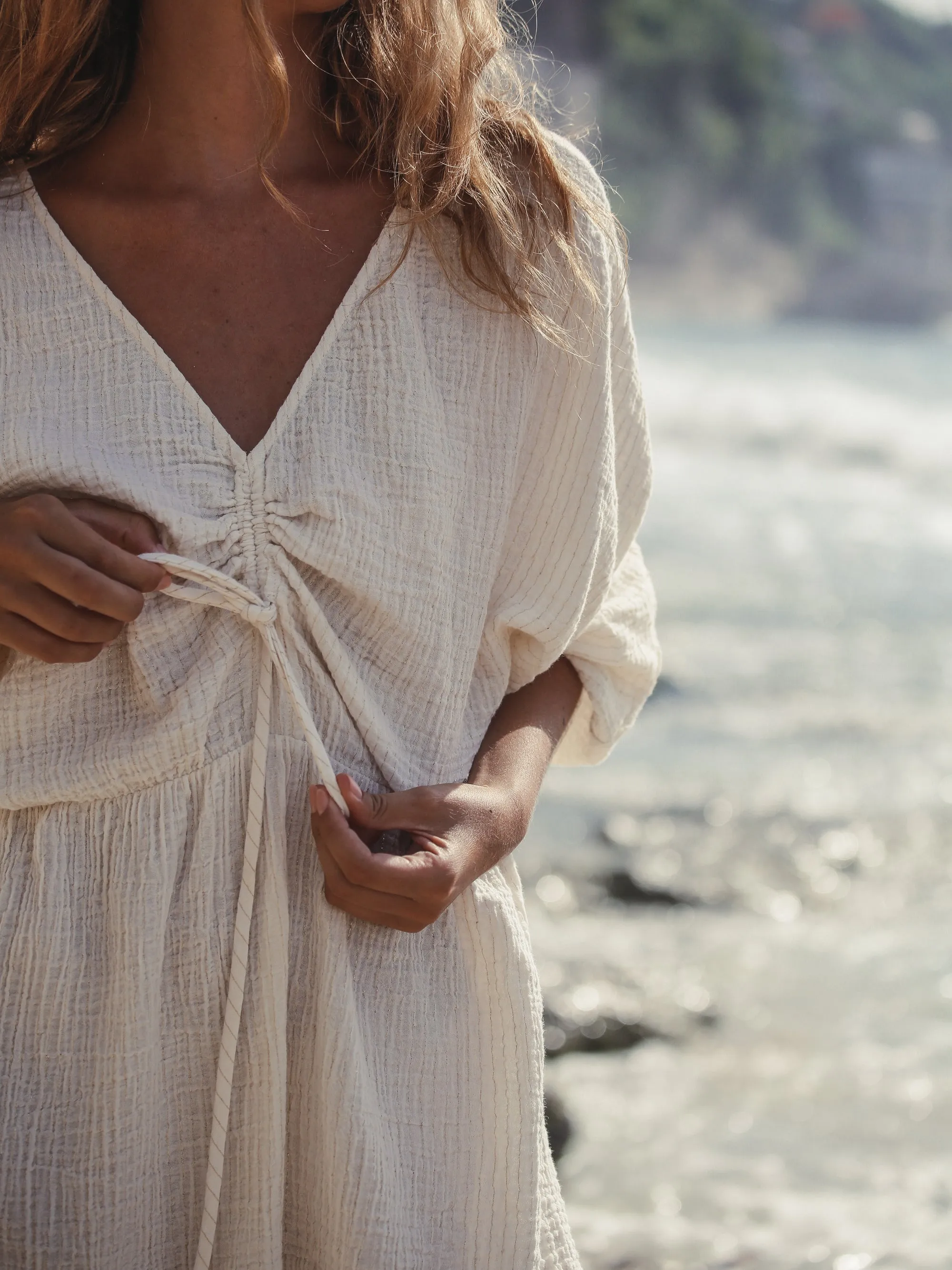 Gaia Drawstring Mini Dress - Natural With Gold Stripes