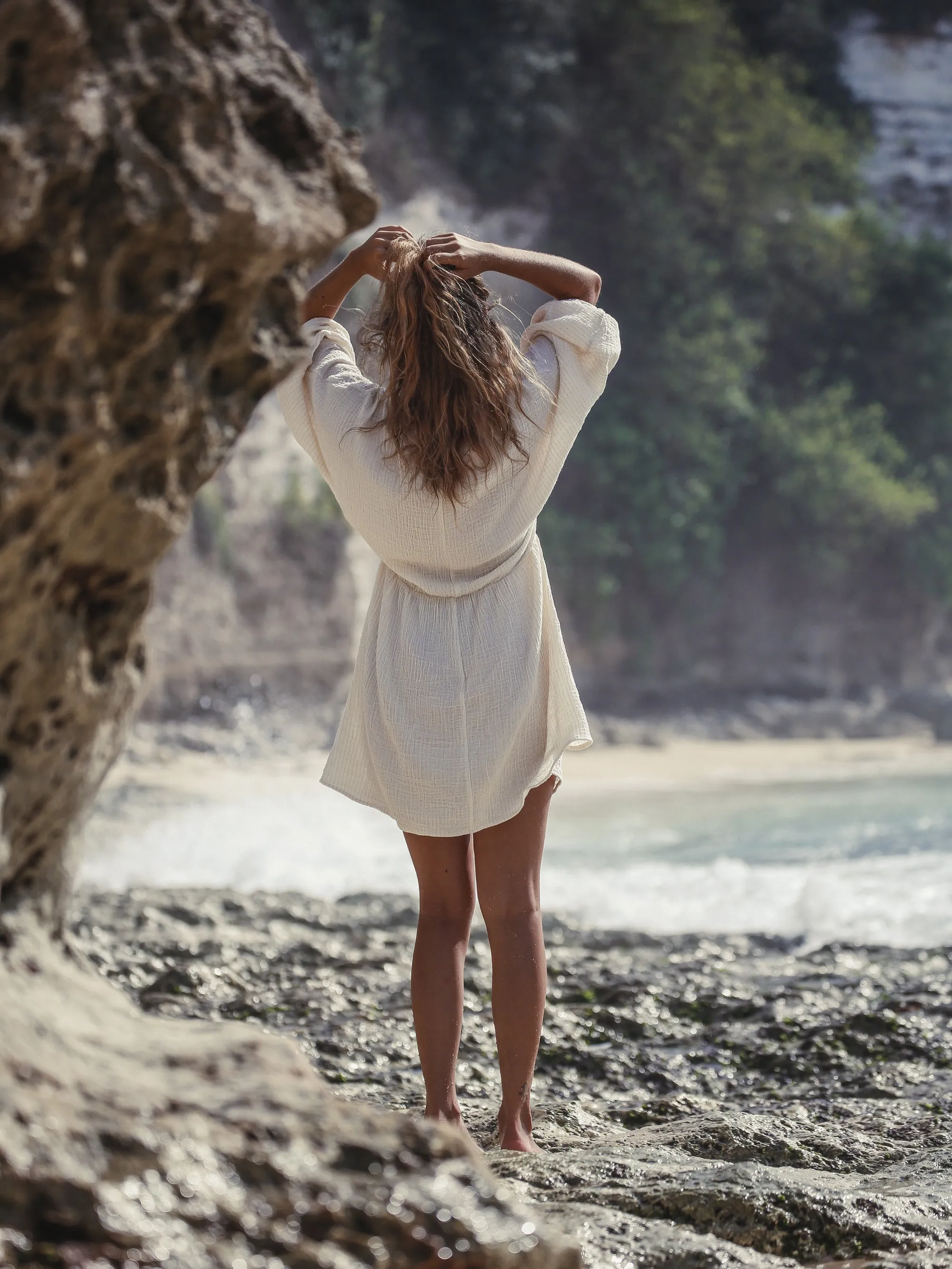 Gaia Drawstring Mini Dress - Natural With Gold Stripes