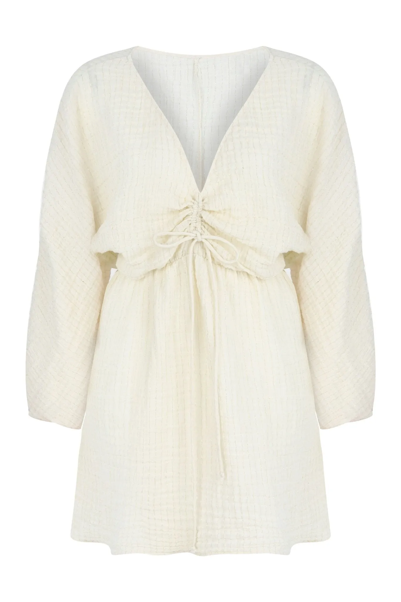 Gaia Drawstring Mini Dress - Natural With Gold Stripes