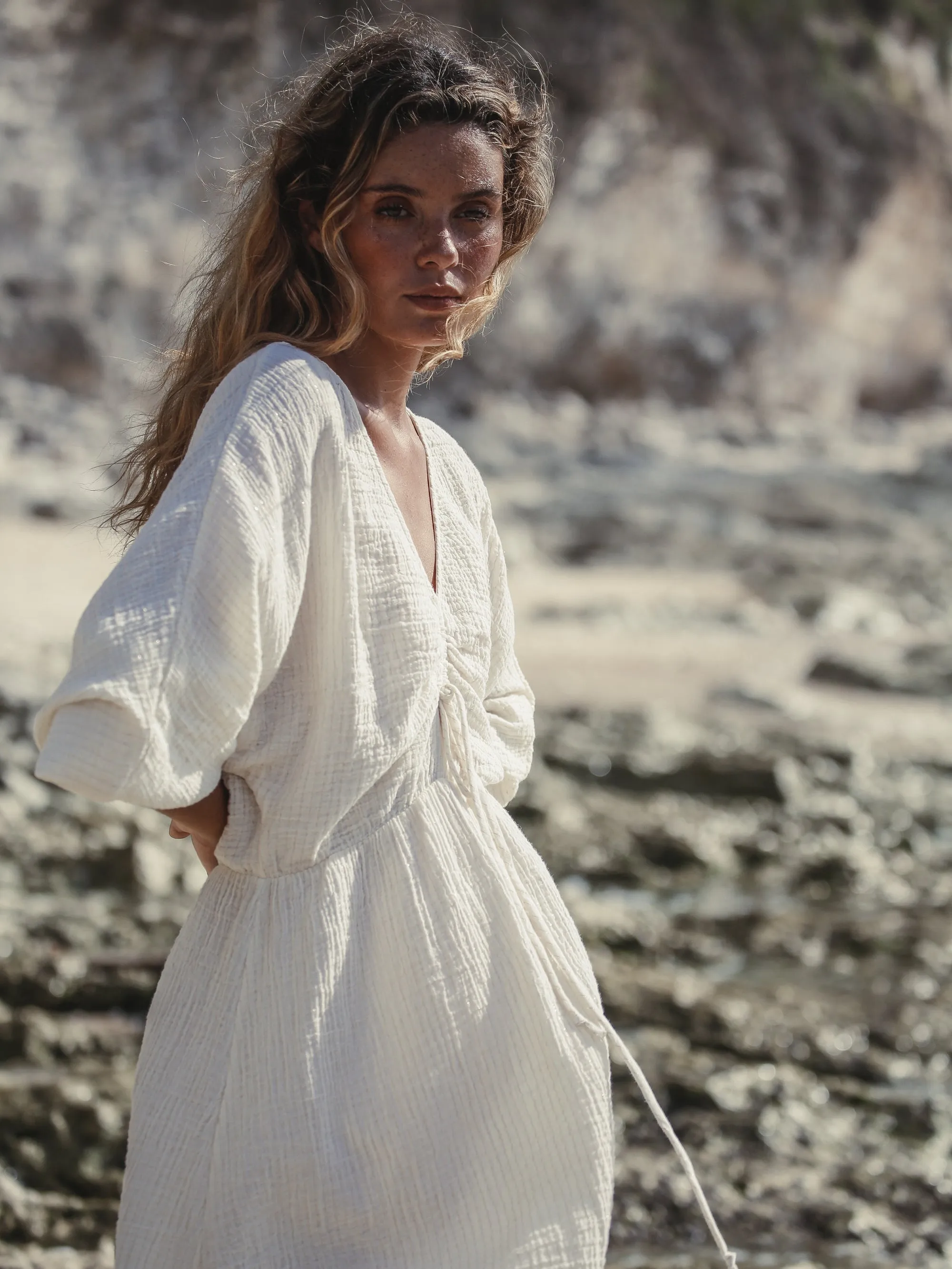 Gaia Drawstring Mini Dress - Natural With Gold Stripes