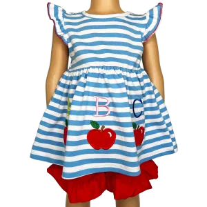 Girls Blue Stripped Back to School Apple Top with Red Ruffle Shorts