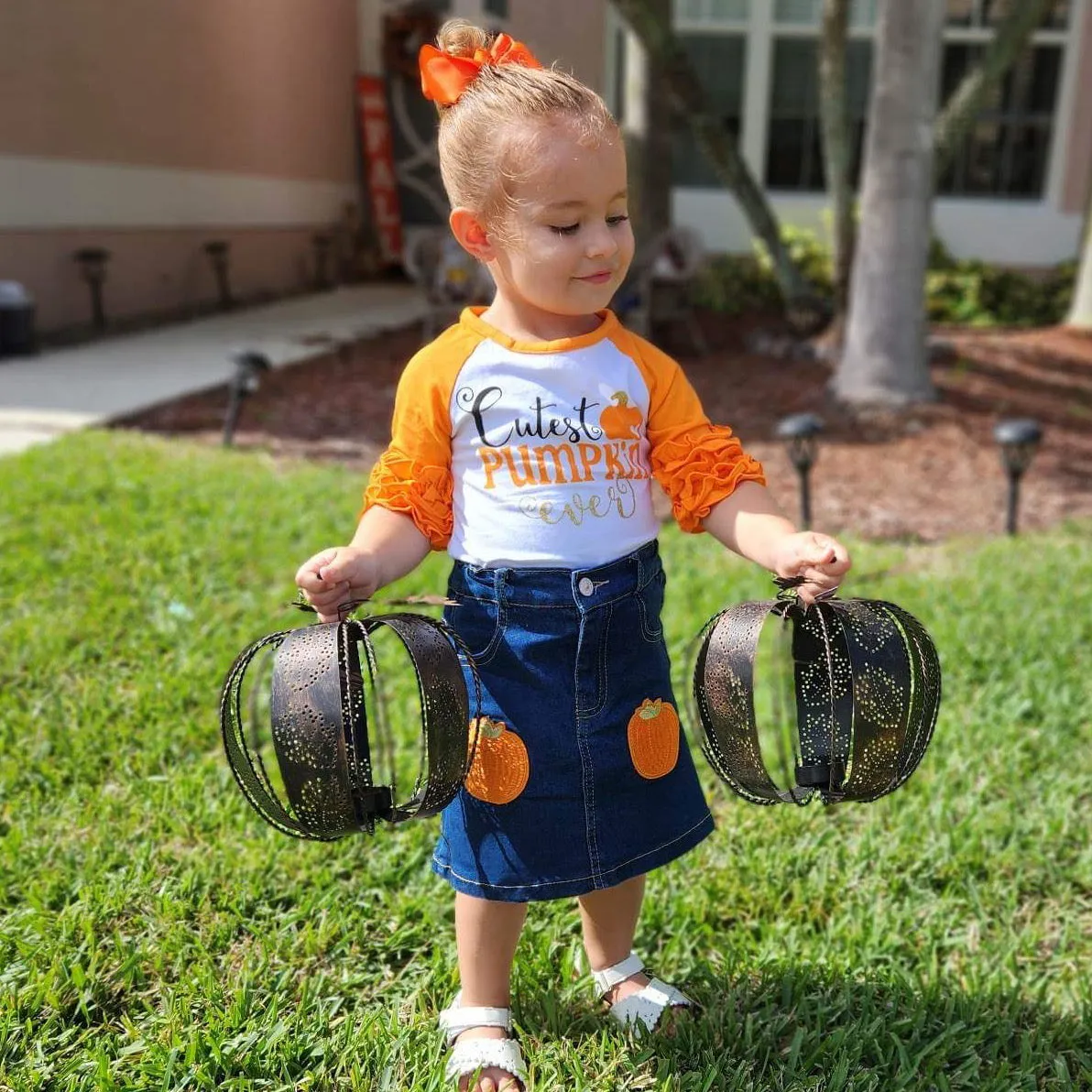 Girls Cutest Pumpkin T-Shirt and Jean Skirt Fall Thanksgiving