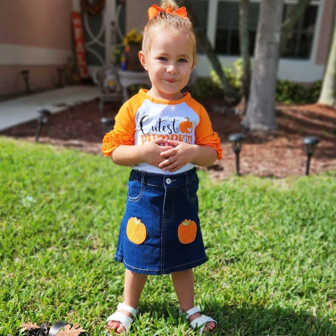 Girls Cutest Pumpkin T-Shirt and Jean Skirt Fall Thanksgiving