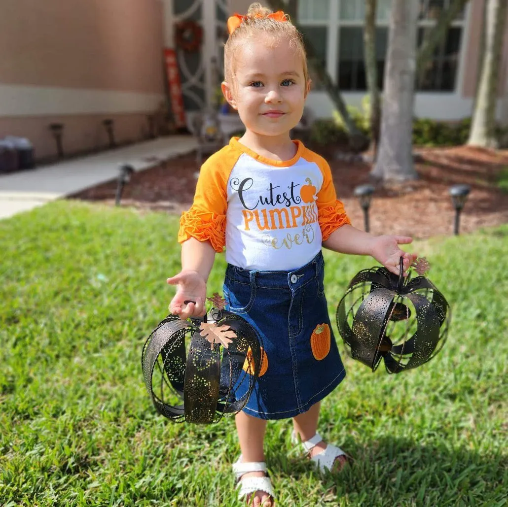 Girls Cutest Pumpkin T-Shirt and Jean Skirt Fall Thanksgiving