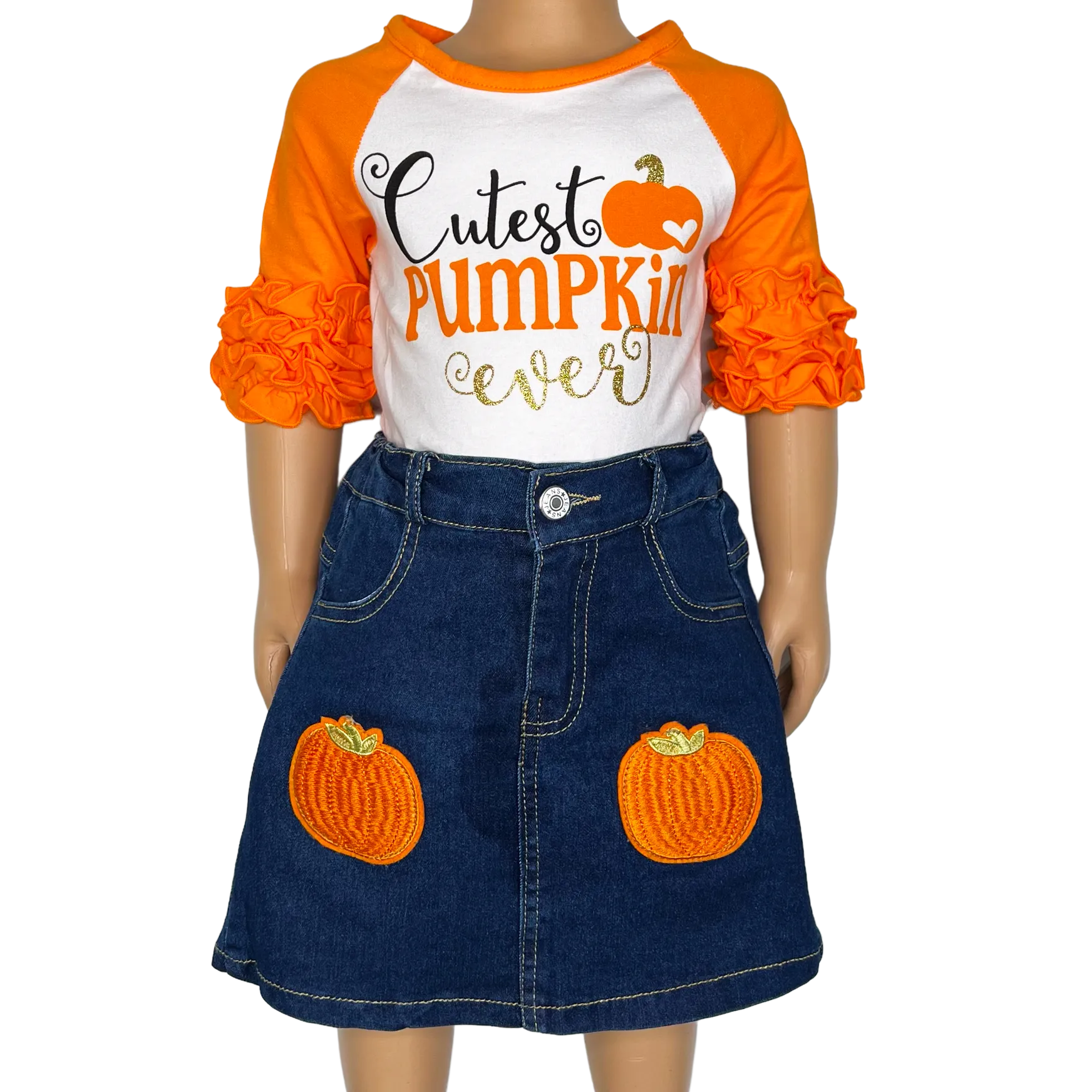 Girls Cutest Pumpkin T-Shirt and Jean Skirt Fall Thanksgiving