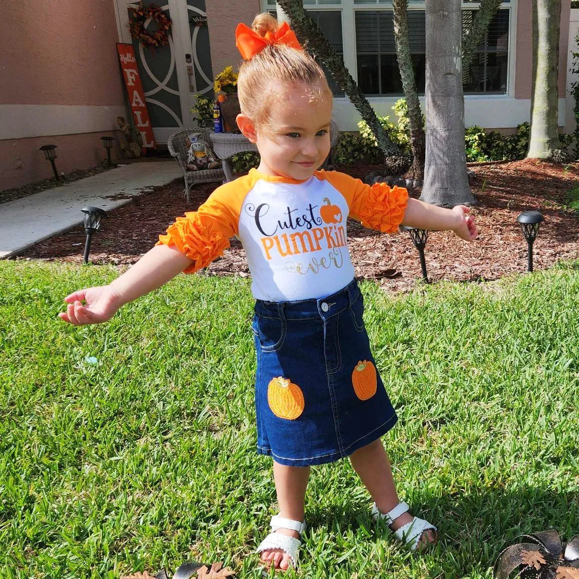 Girls Cutest Pumpkin T-Shirt and Jean Skirt Fall Thanksgiving
