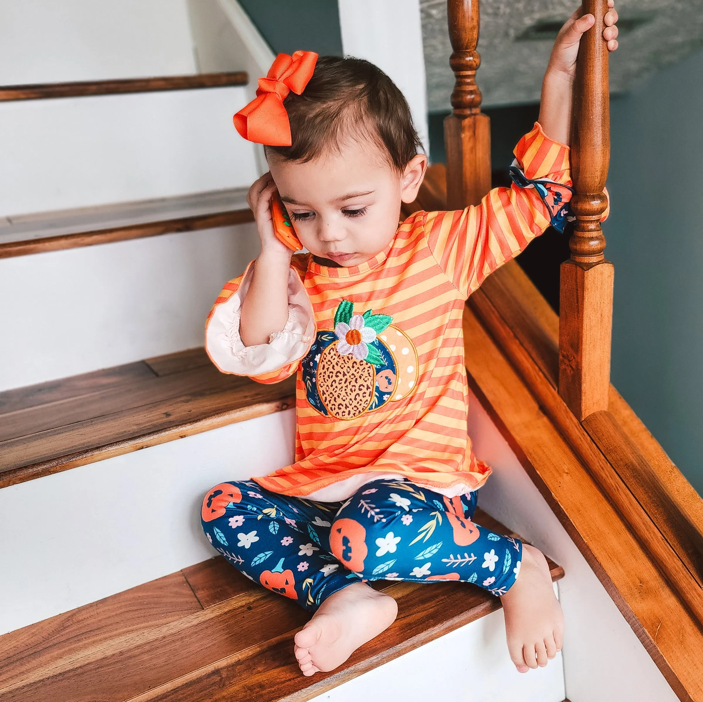 Girls Orange & Blue Fall Harvest Pumpkin Tunic and Leggings