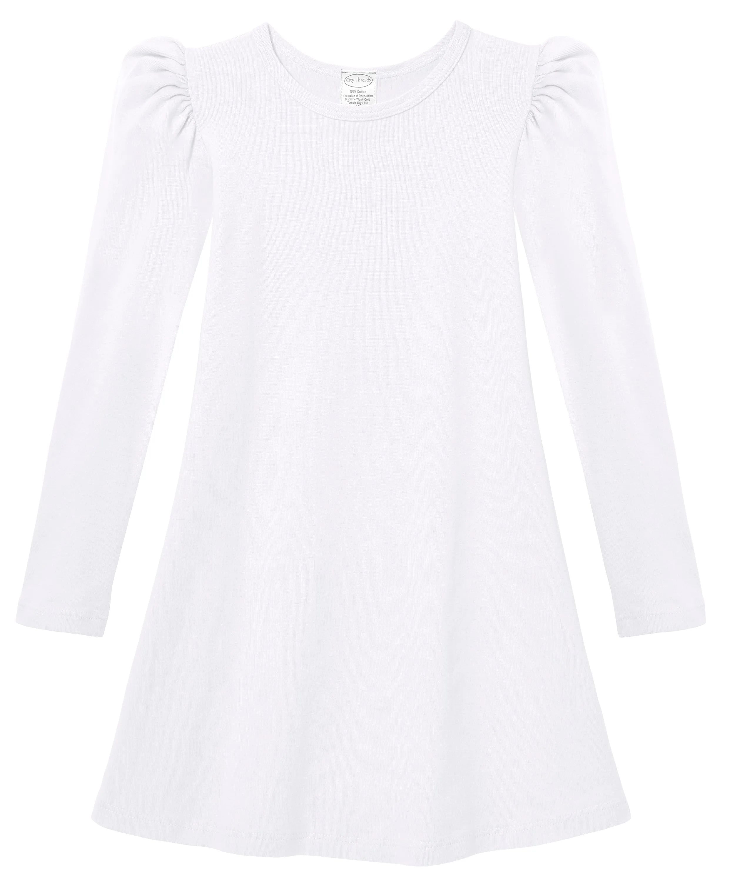 Girls Soft Cotton Puff Long Sleeve Dress | White