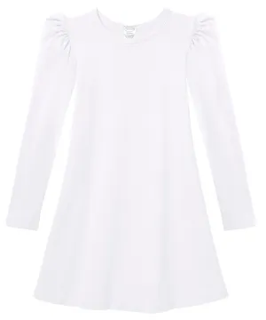 Girls Soft Cotton Puff Long Sleeve Dress | White