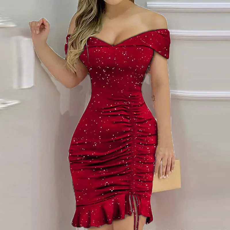 Glitter Off Shoulder Drawstring Party Dress