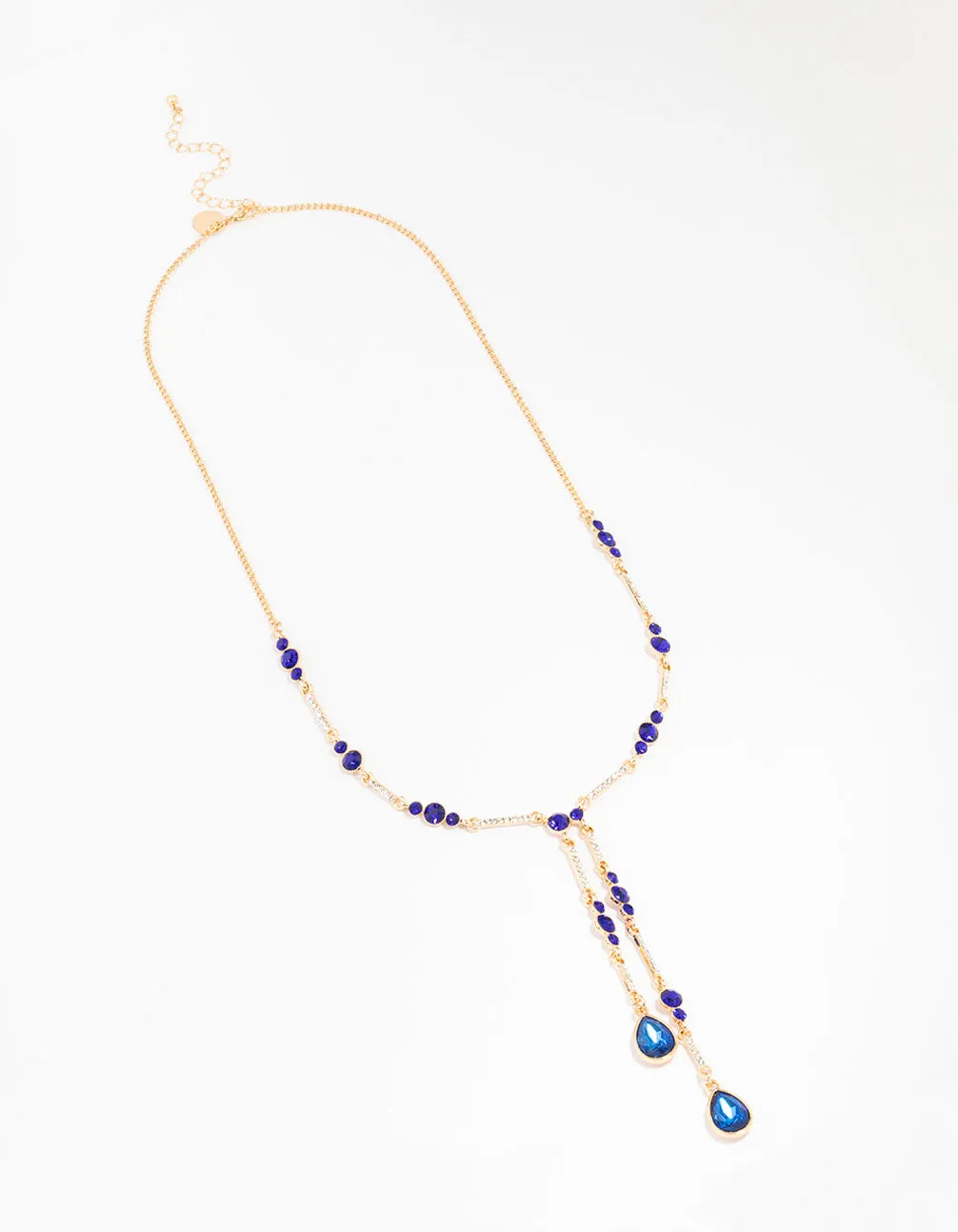 Gold Blue Diamante Y-Necklace