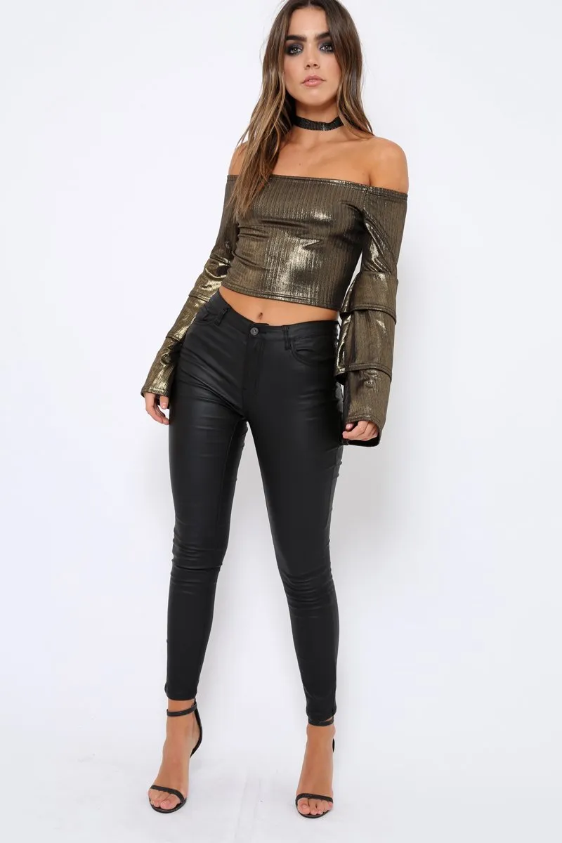 Gold Metallic Tiered Flared Sleeves Bardot Crop Top - Karie