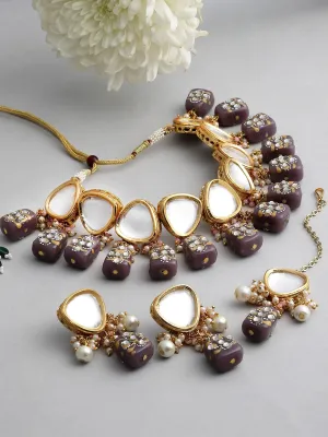 Gold-Plated White Kundan Polki Studded Beaded Jewellery Set