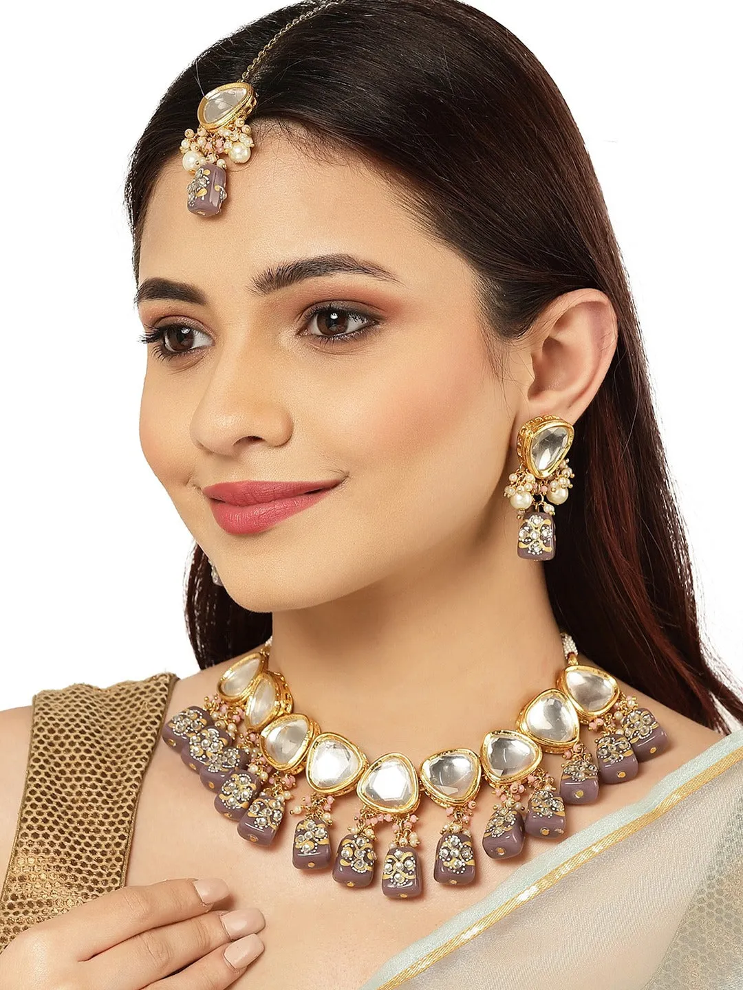 Gold-Plated White Kundan Polki Studded Beaded Jewellery Set