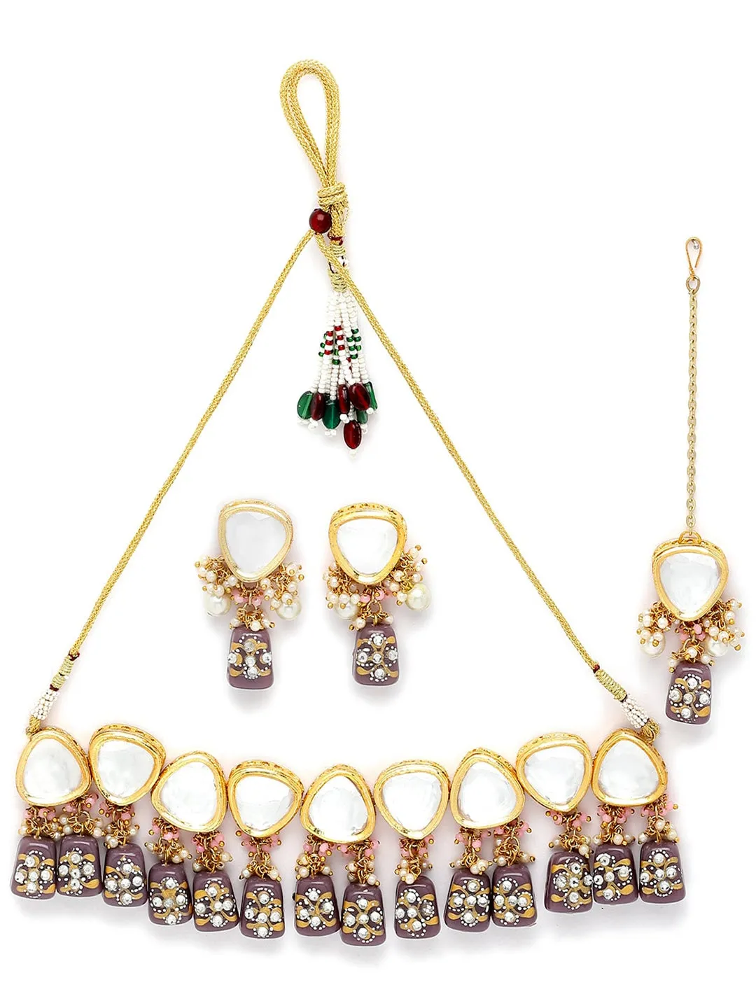 Gold-Plated White Kundan Polki Studded Beaded Jewellery Set