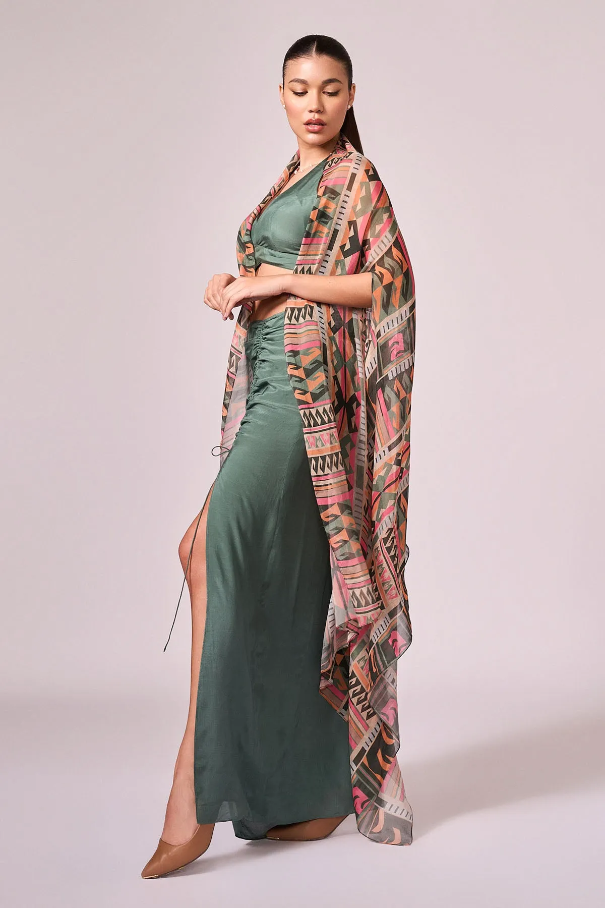 Green Viscose Ruched Slit Skirt