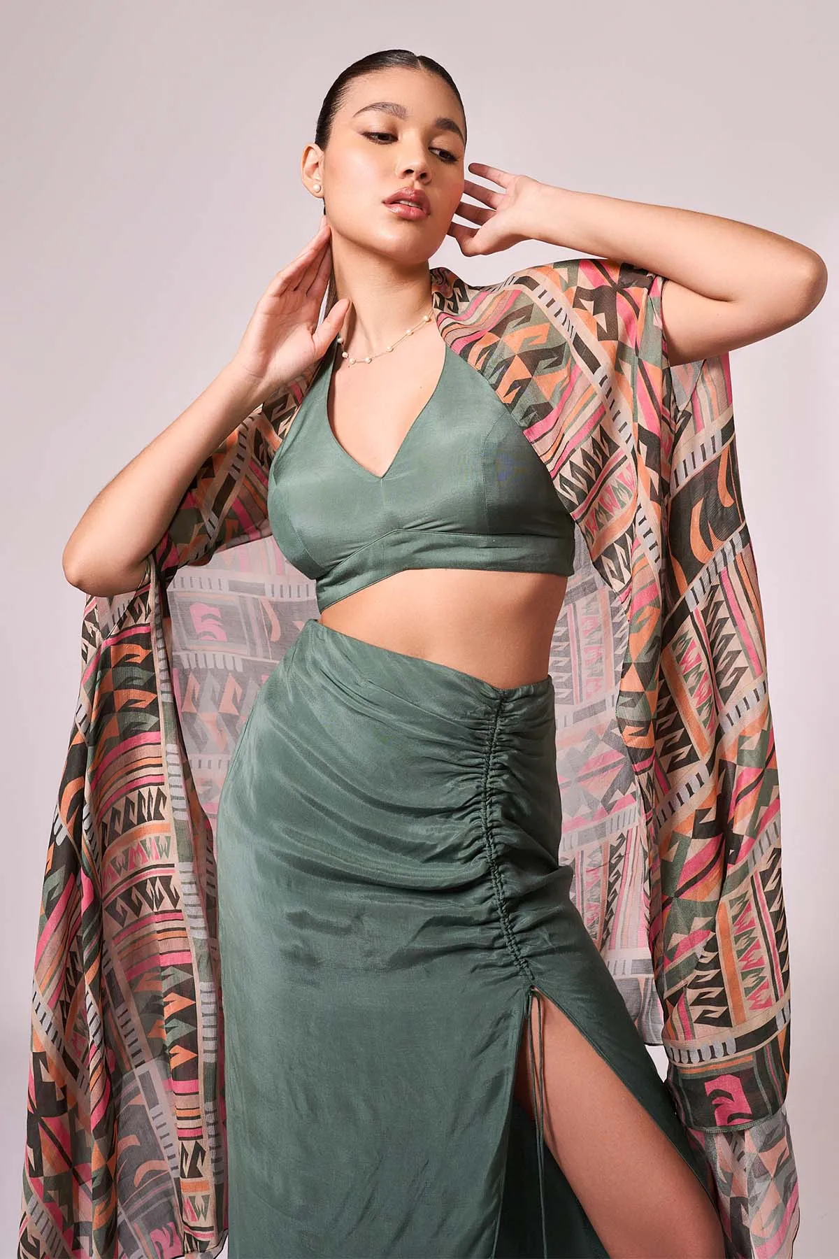 Green Viscose Ruched Slit Skirt