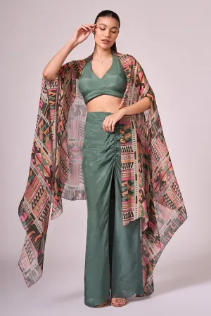 Green Viscose Ruched Slit Skirt