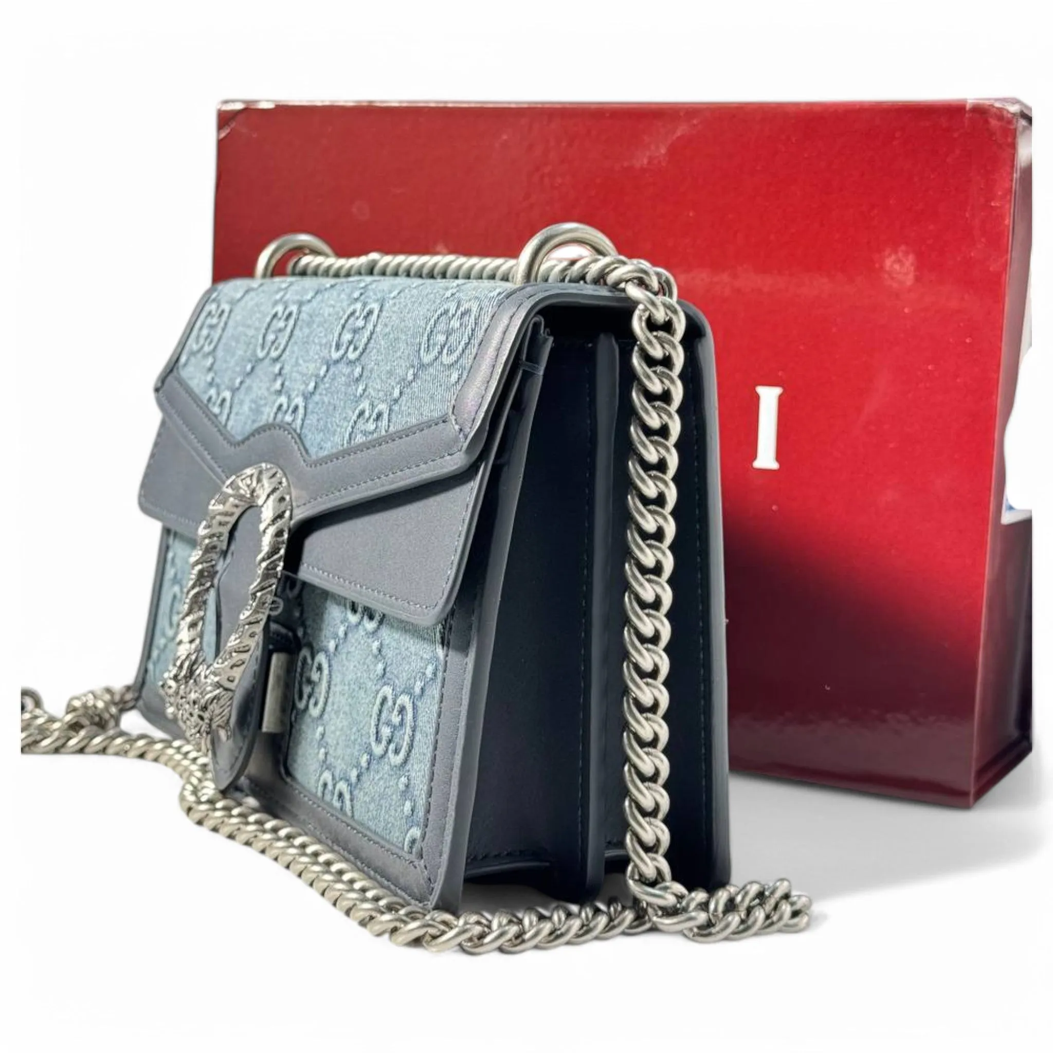 Gucci Dionysus GG Denim Shoulder Bag – Light Blue Monogram with Silver Chain