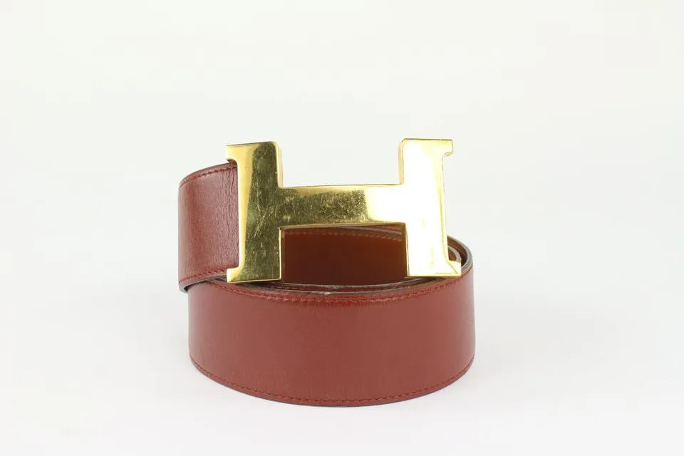 Hermès 42mm H Logo Belt Lit Burgundy x Gold 1020h53