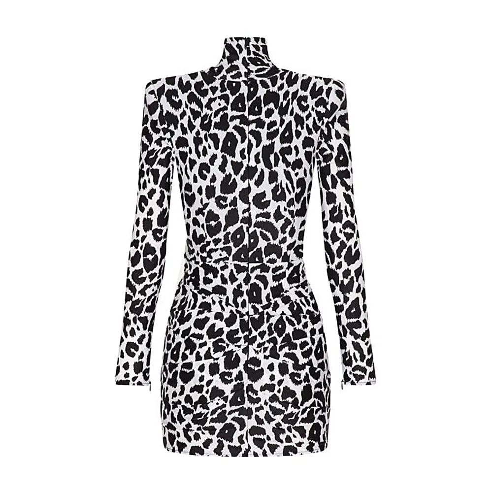 High Neck Long Sleeve Leopard Mini Bodycon Dress