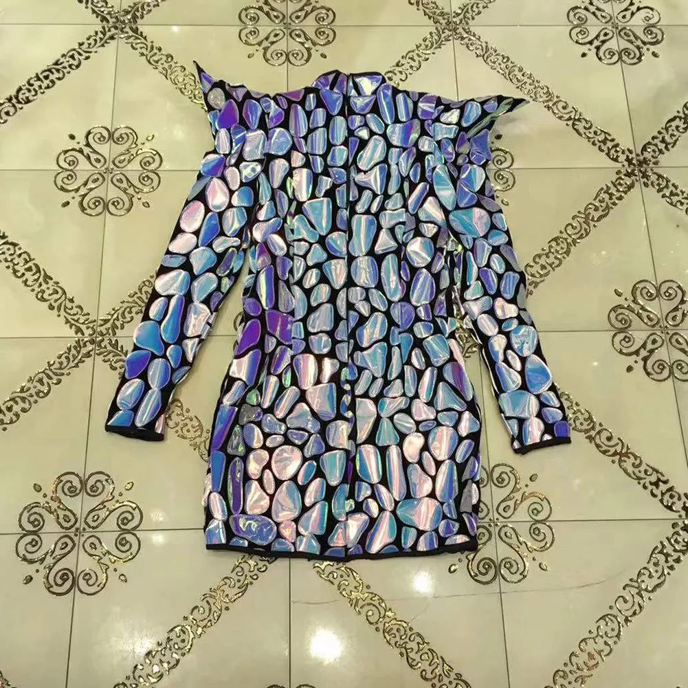 High Neck Long Sleeve Mirrors Crystals Mini Bodycon Dress