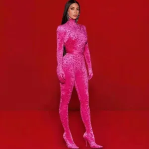 High Neck Long Sleeve Plain Bodycon Jumpsuit