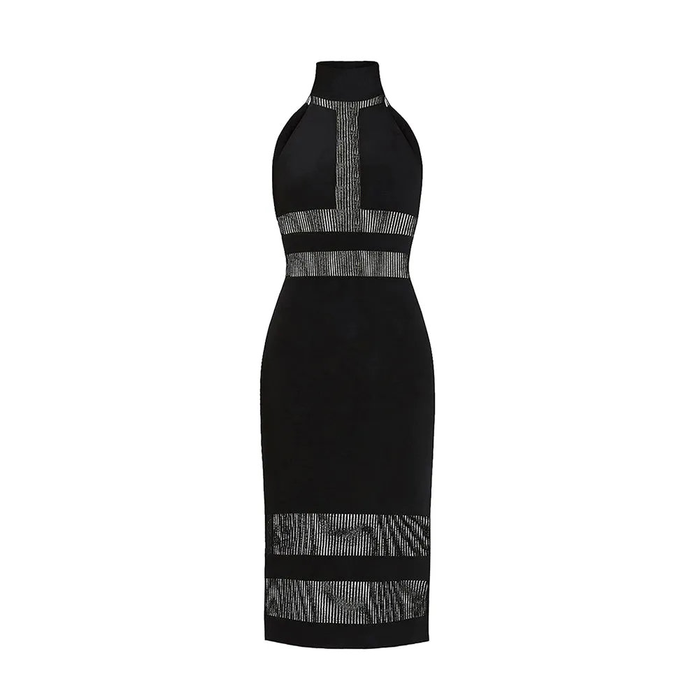 High Neck Sleeveless Mesh Midi Bandage Dress