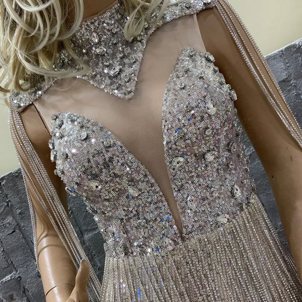 High Neck Sleeveless Sequins Mini Bodycon Dress HT10200