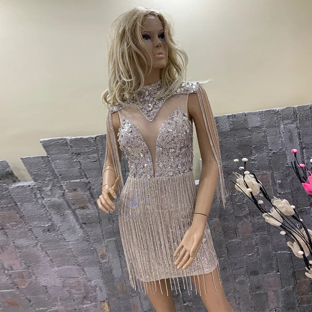 High Neck Sleeveless Sequins Mini Bodycon Dress HT10200