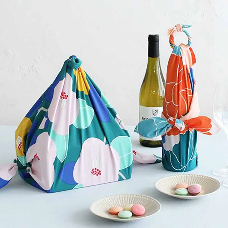 Himemusubi - Aqua Drop (Water repellent finish)  Tsubaki  (camellia)  椿  (Green) グリーン　 - Furoshiki   70 x 70 cm