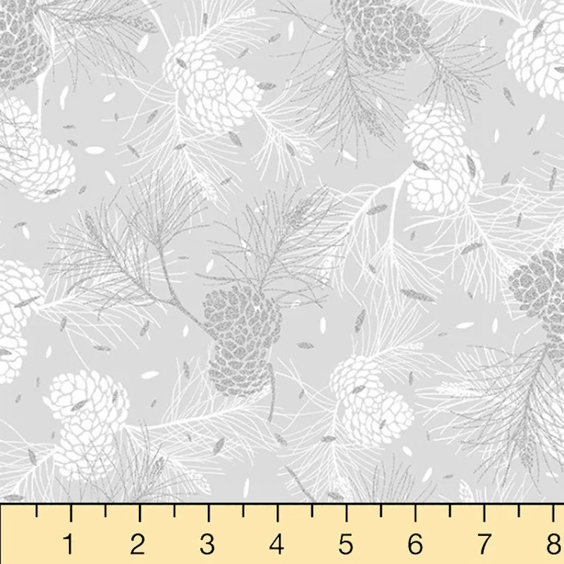 Hoffman Fabrics Sparkle and Fade Pinecones Cotton Fabric R4567-674S-Light-Grey-Silver