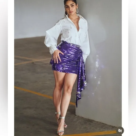 House of CB Katya Purple Sequin Draped Mini Skirt