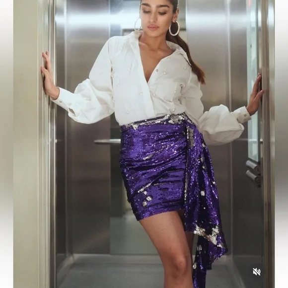 House of CB Katya Purple Sequin Draped Mini Skirt