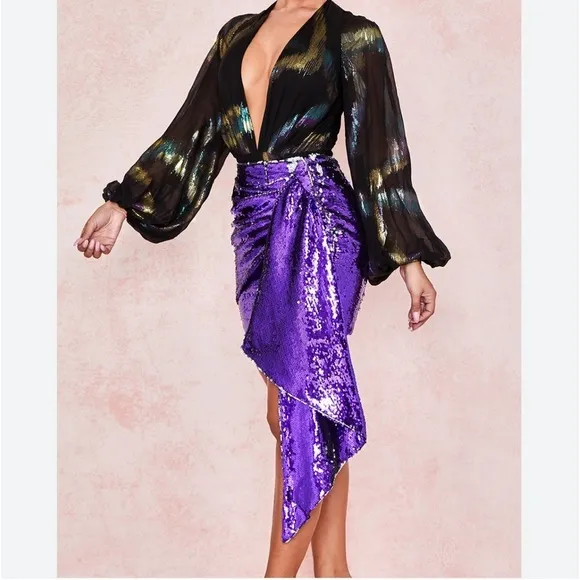 House of CB Katya Purple Sequin Draped Mini Skirt