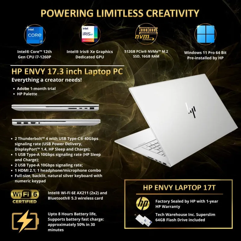 HP Envy 17T i7-1260P 16GB RAM 512 GB NVMe SSD 17.3" FHD Touch Win 11 PRO Silver