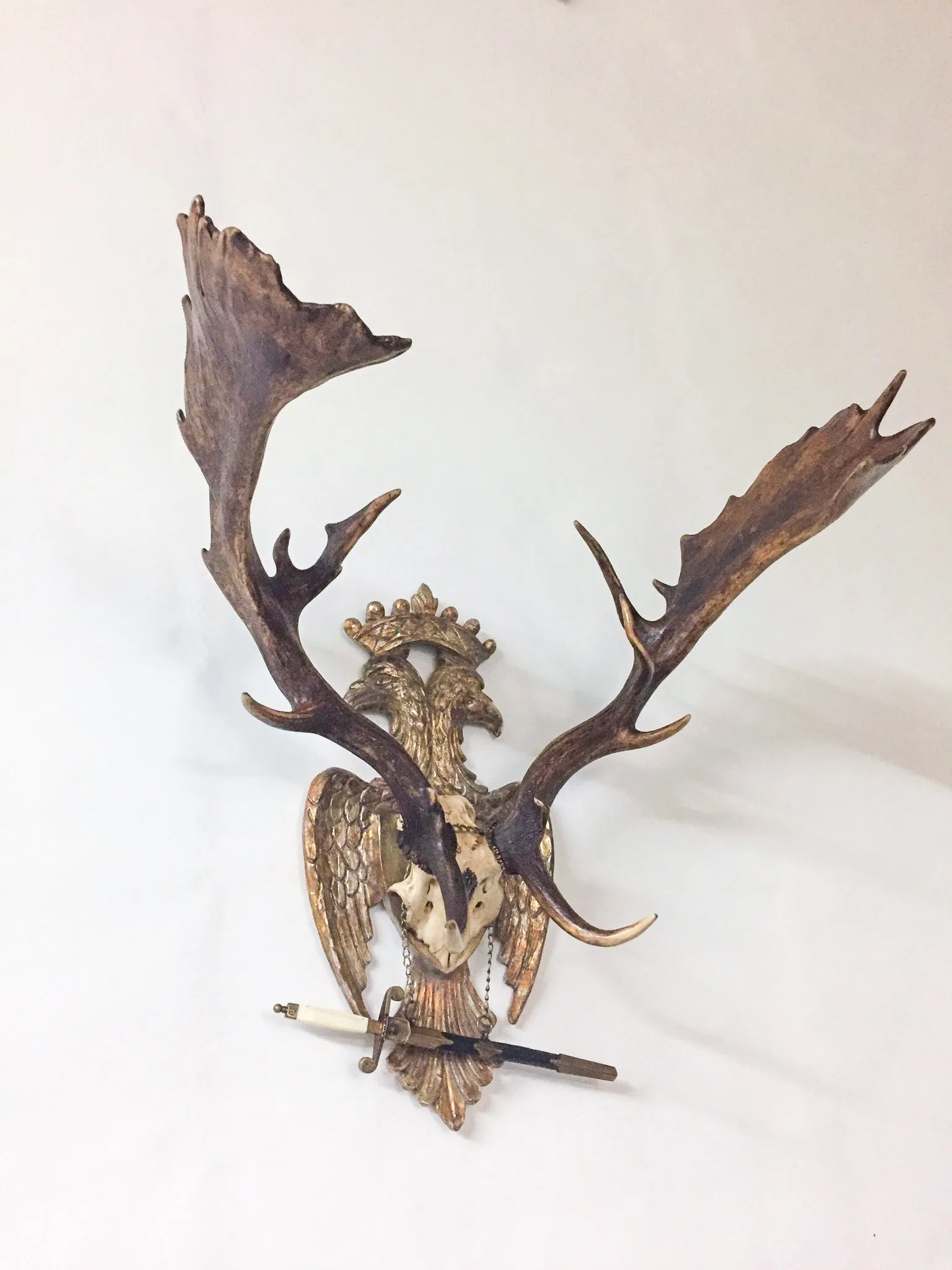 Imperial Russian Fallow Trophy on Hand Carved Gilt Plaque with Sword