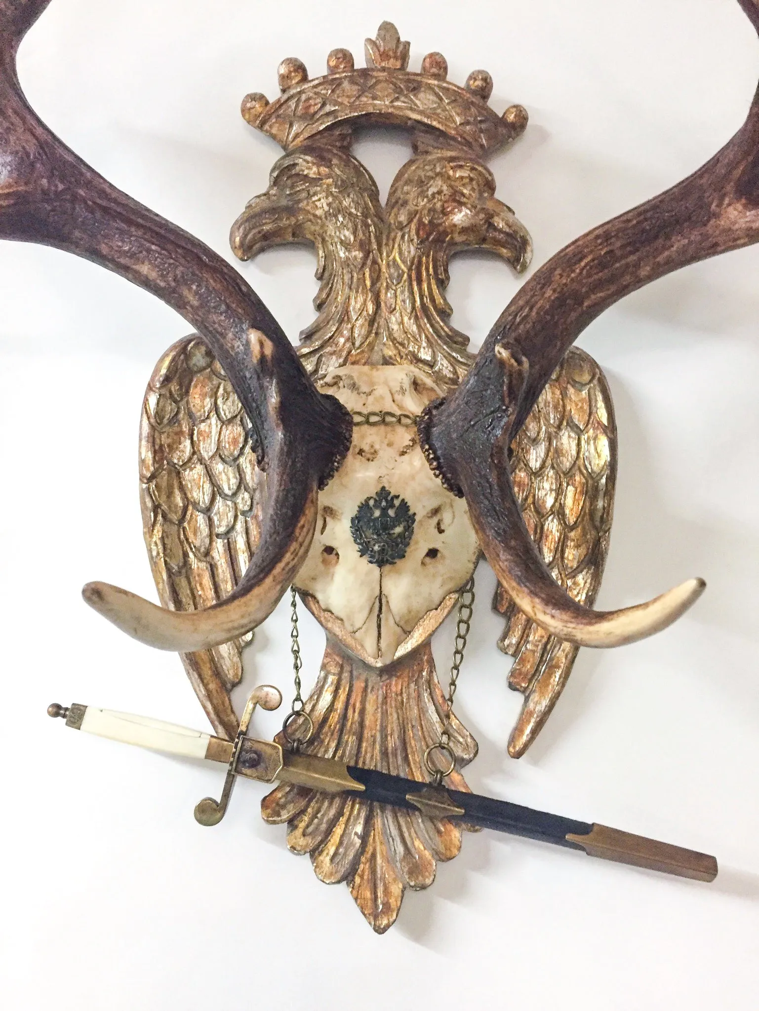 Imperial Russian Fallow Trophy on Hand Carved Gilt Plaque with Sword