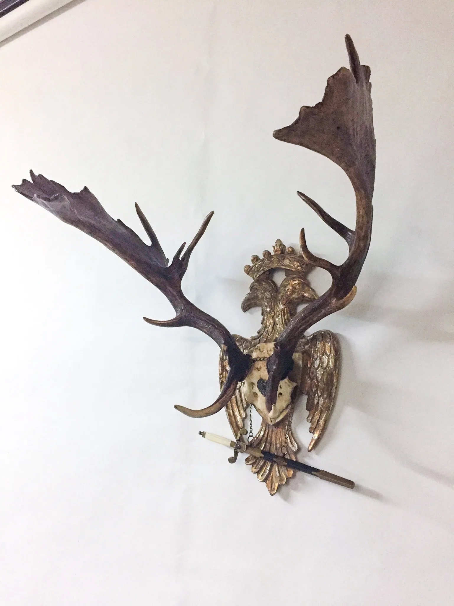 Imperial Russian Fallow Trophy on Hand Carved Gilt Plaque with Sword
