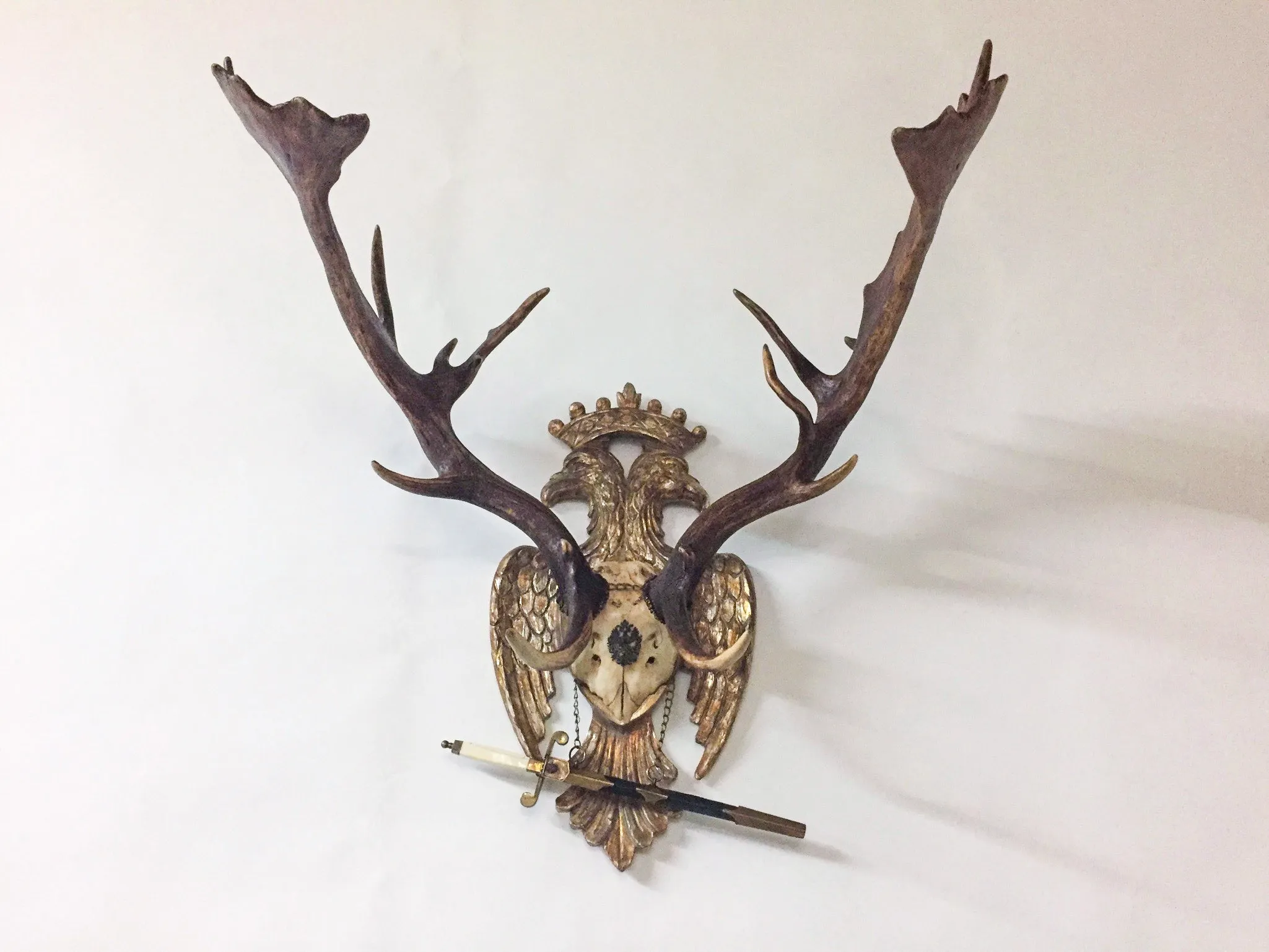 Imperial Russian Fallow Trophy on Hand Carved Gilt Plaque with Sword